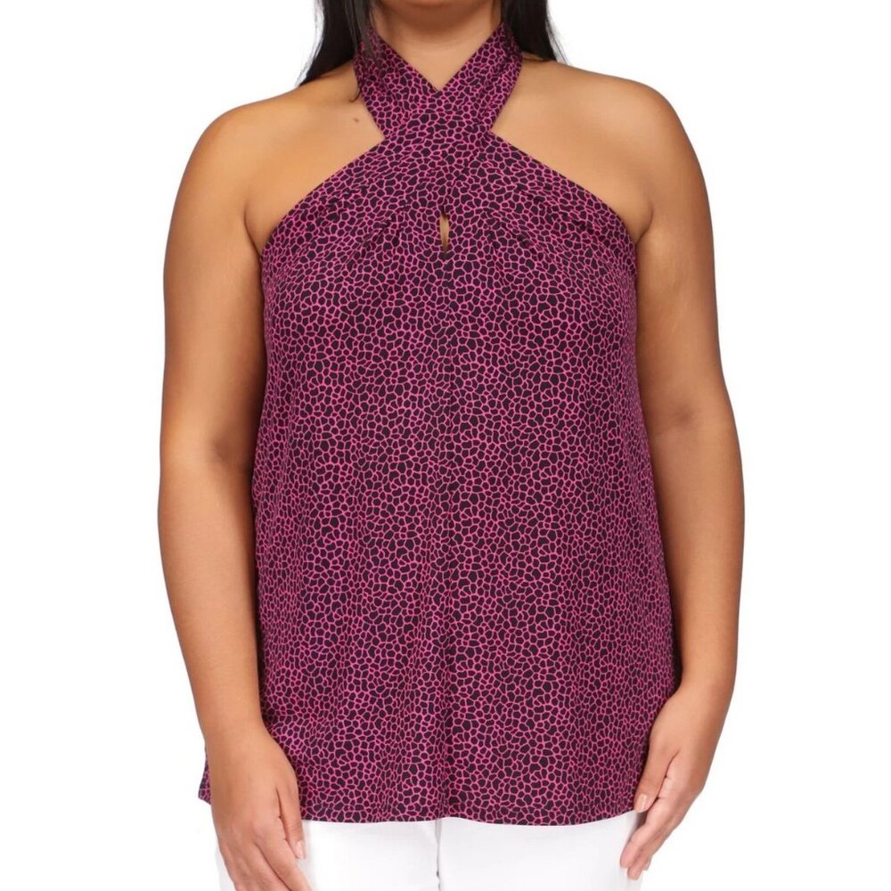 Michael Kors Women's Plus Size Sleeveless Halter Top, Pink Black Giraffe, 0X